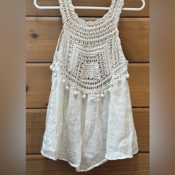 ANTHROPOLOGIE cream, linen, crocheted top with pom poms is lined and lovely. - Picture 4 of 16